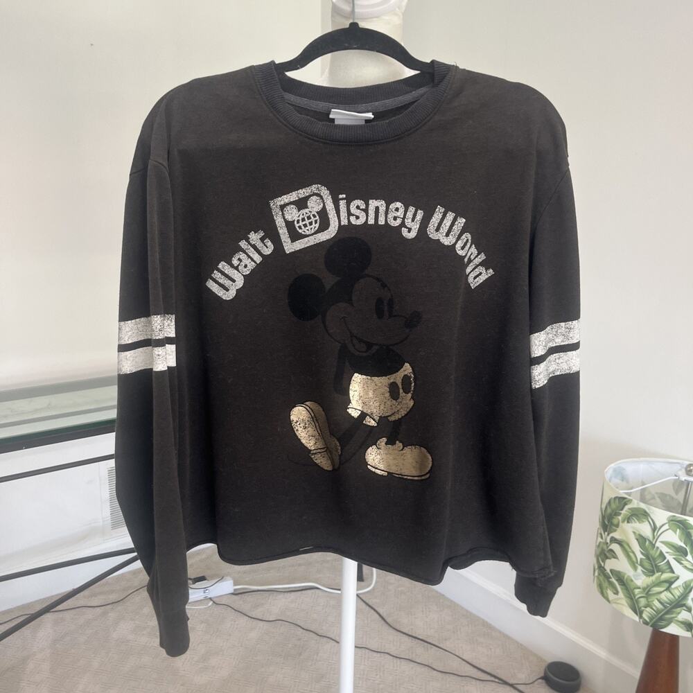 Disney Parks Walt Disney World Long Sleeve T Shirt Womens L Black Gold Boxy
